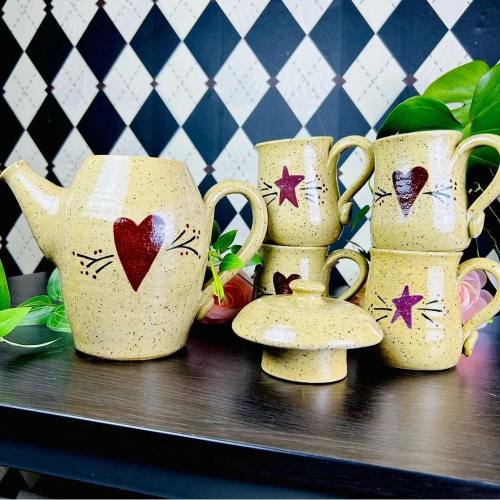 Studio Pottery Tea Set Stoneware Teapot and Four Mugs Heart Star Motif Primitive